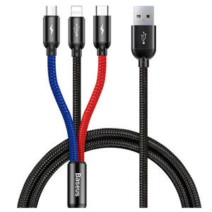 کابل تبدیل Type-A به لایتنینگ/Micro USB/USB Type-C باسئوس مدل CAMLT-ASY01 به طول 30 سانتی متر