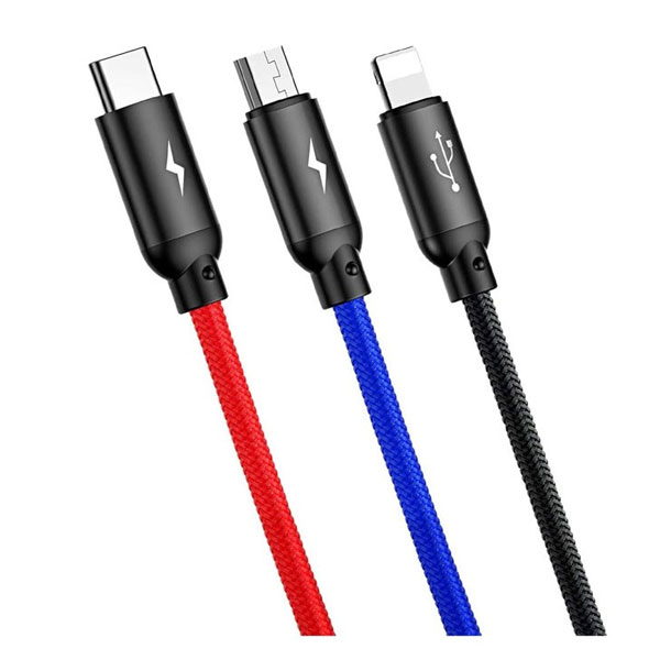 کابل تبدیل Type-A به لایتنینگ/Micro USB/USB Type-C باسئوس مدل CAMLT-ASY01 به طول 30 سانتی متر